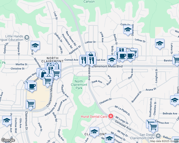 map of restaurants, bars, coffee shops, grocery stores, and more near Genesee Avenue in San Diego