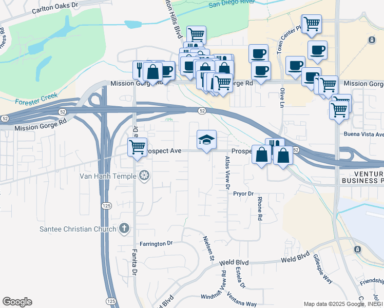 map of restaurants, bars, coffee shops, grocery stores, and more near 9303 Prospect Avenue in Santee