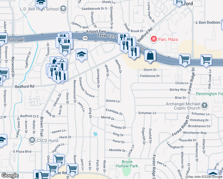 map of restaurants, bars, coffee shops, grocery stores, and more near 620 Robindale Court in Bedford