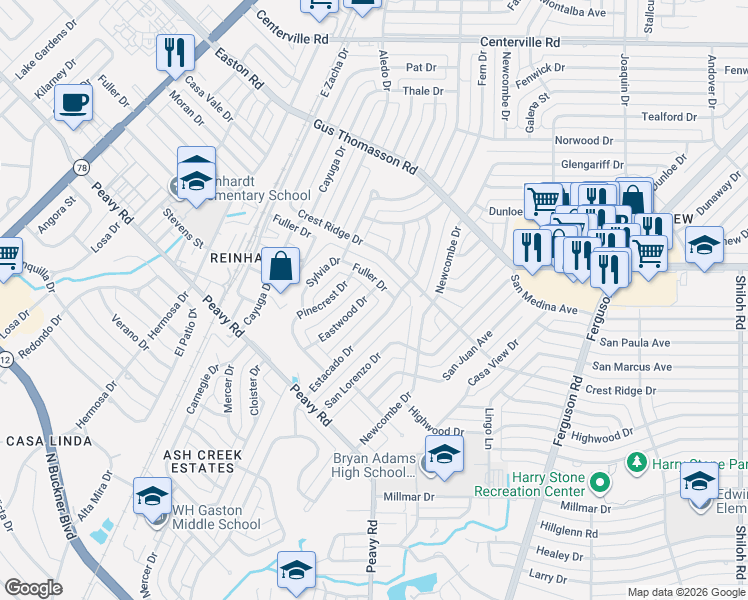 map of restaurants, bars, coffee shops, grocery stores, and more near 10226 Eastwood Drive in Dallas