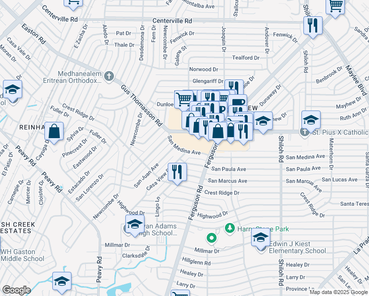 map of restaurants, bars, coffee shops, grocery stores, and more near 2251 San Medina Avenue in Dallas