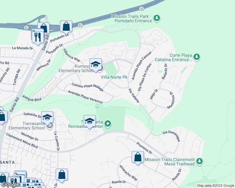map of restaurants, bars, coffee shops, grocery stores, and more near 5444 Camino Playa Malaga in San Diego