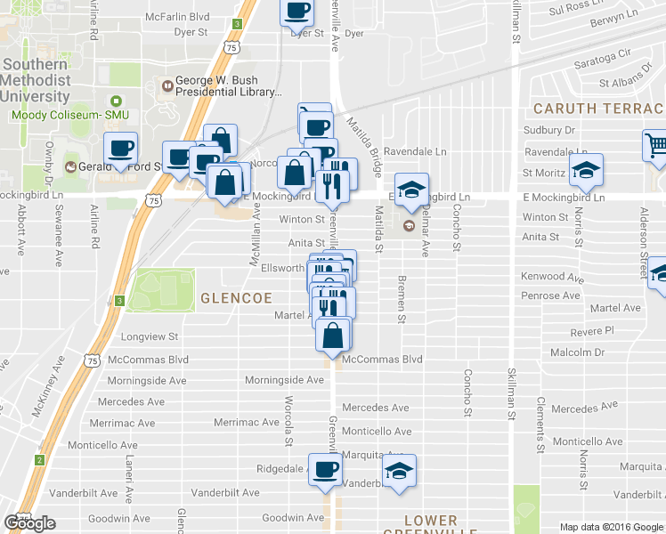 map of restaurants, bars, coffee shops, grocery stores, and more near 3901 Greenville Avenue in Dallas