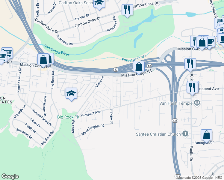 map of restaurants, bars, coffee shops, grocery stores, and more near Mission Gorge Road in Santee