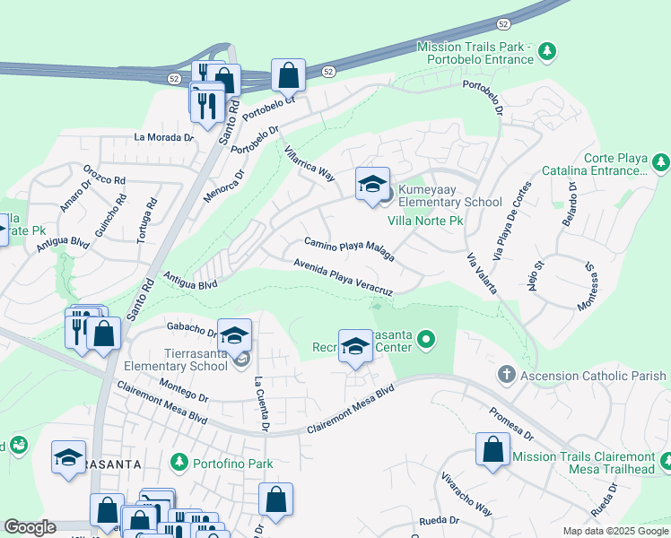 map of restaurants, bars, coffee shops, grocery stores, and more near 10908 Avenida Playa Veracruz in San Diego