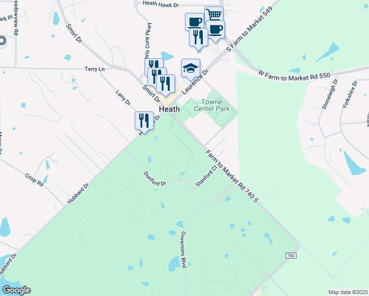 map of restaurants, bars, coffee shops, grocery stores, and more near 313 Normandy Lane in Heath