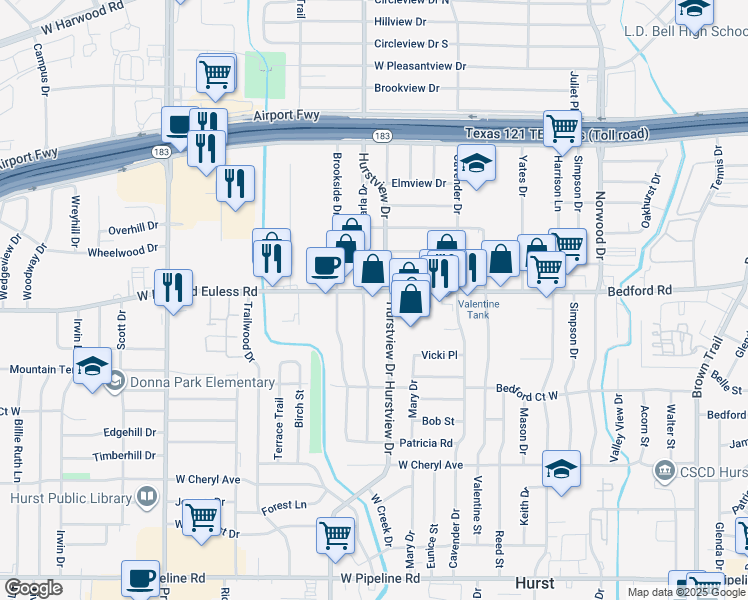 map of restaurants, bars, coffee shops, grocery stores, and more near 521 Bedford Euless Road in Hurst