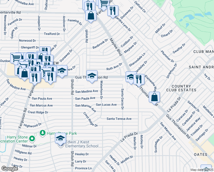 map of restaurants, bars, coffee shops, grocery stores, and more near 3118 San Vicente Avenue in Dallas