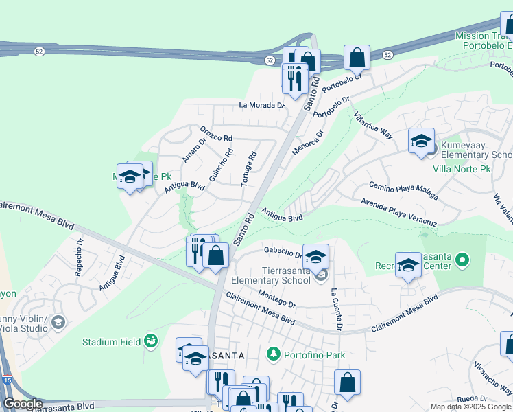 map of restaurants, bars, coffee shops, grocery stores, and more near Santo Road & Antigua Boulevard in San Diego