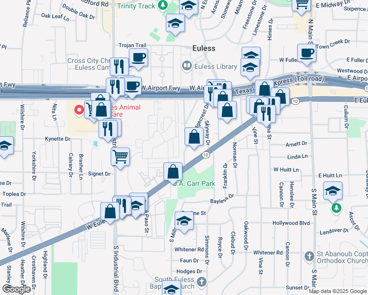 map of restaurants, bars, coffee shops, grocery stores, and more near 308 Ridgecrest Drive in Euless