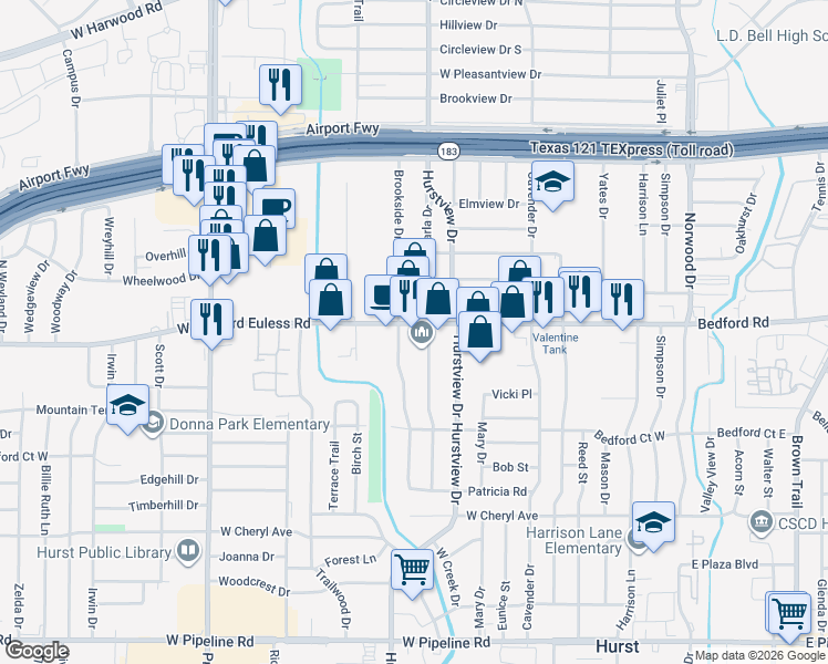map of restaurants, bars, coffee shops, grocery stores, and more near 601 West Bedford Euless Road in Hurst