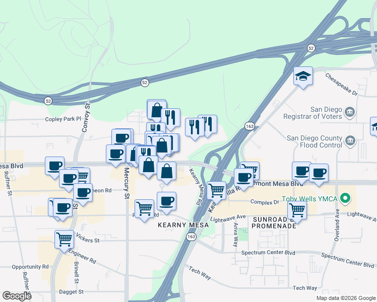 map of restaurants, bars, coffee shops, grocery stores, and more near 5400 Kearny Mesa Road in San Diego
