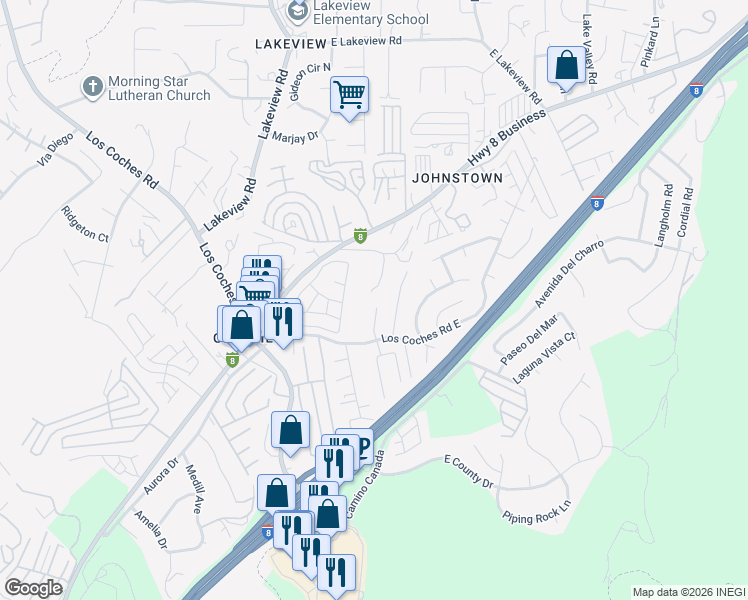 map of restaurants, bars, coffee shops, grocery stores, and more near 13440 Los Coches Road East in El Cajon