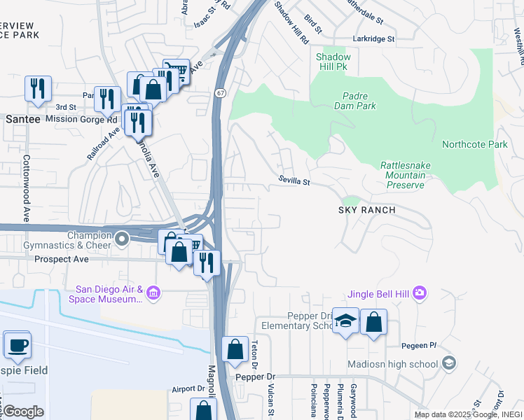 map of restaurants, bars, coffee shops, grocery stores, and more near 10966 Sunset Trail in Santee
