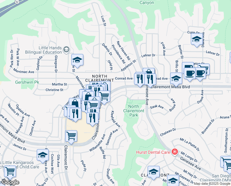 map of restaurants, bars, coffee shops, grocery stores, and more near 4341 Clairemont Mesa Boulevard in San Diego