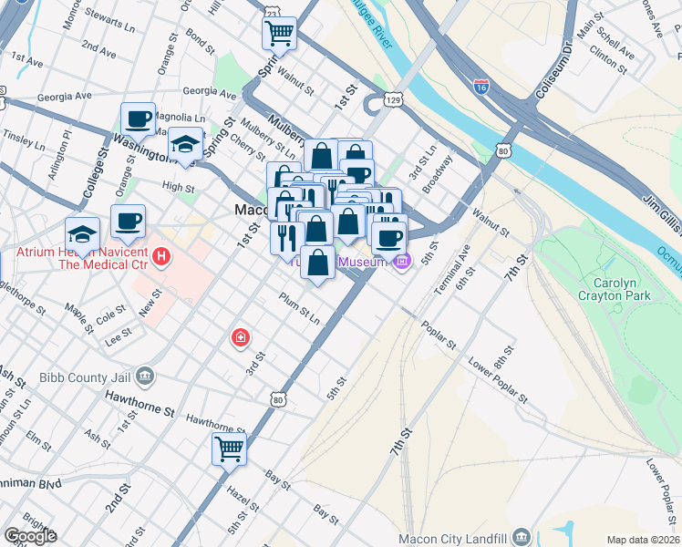 map of restaurants, bars, coffee shops, grocery stores, and more near 446 Poplar Street Lane in Macon