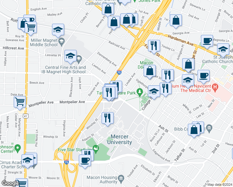 map of restaurants, bars, coffee shops, grocery stores, and more near 1640 Coleman Avenue in Macon