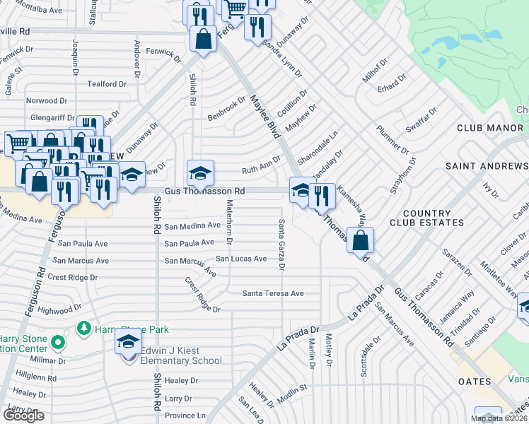map of restaurants, bars, coffee shops, grocery stores, and more near 3220 San Vicente Avenue in Dallas