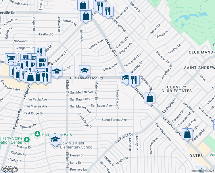 map of restaurants, bars, coffee shops, grocery stores, and more near 3220 San Vicente Avenue in Dallas