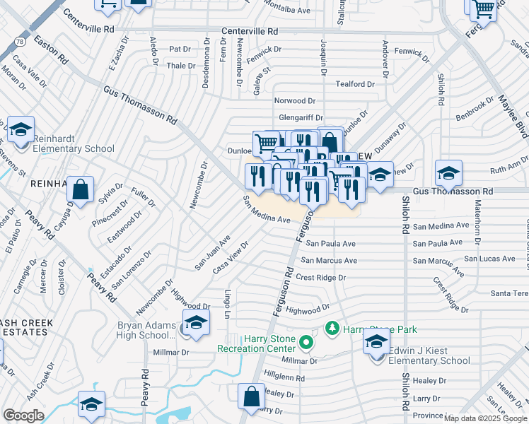 map of restaurants, bars, coffee shops, grocery stores, and more near 2251 San Medina Avenue in Dallas