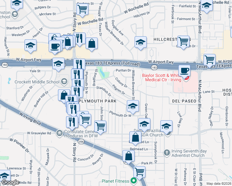 map of restaurants, bars, coffee shops, grocery stores, and more near 1908 Pilgrim Drive in Irving