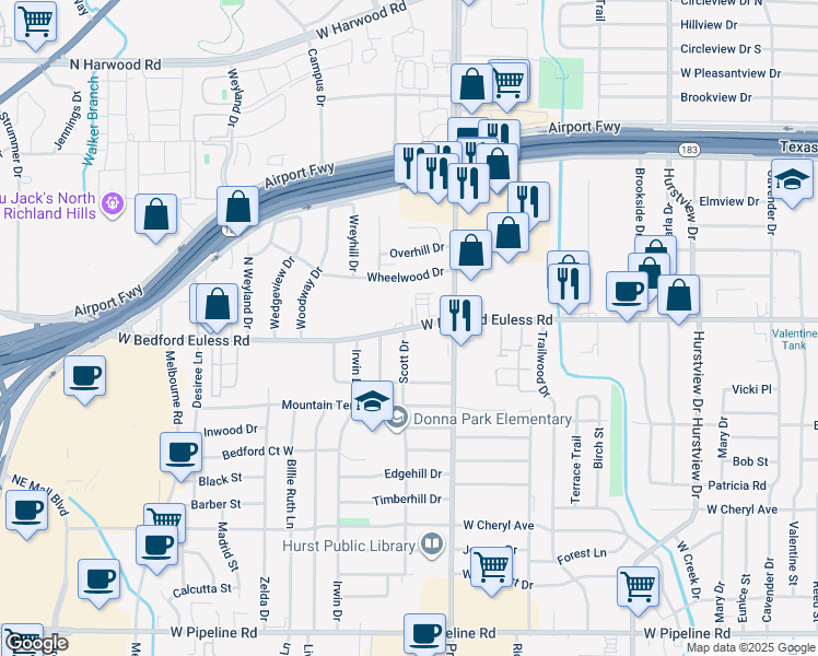 map of restaurants, bars, coffee shops, grocery stores, and more near 6 Scott Drive in Hurst