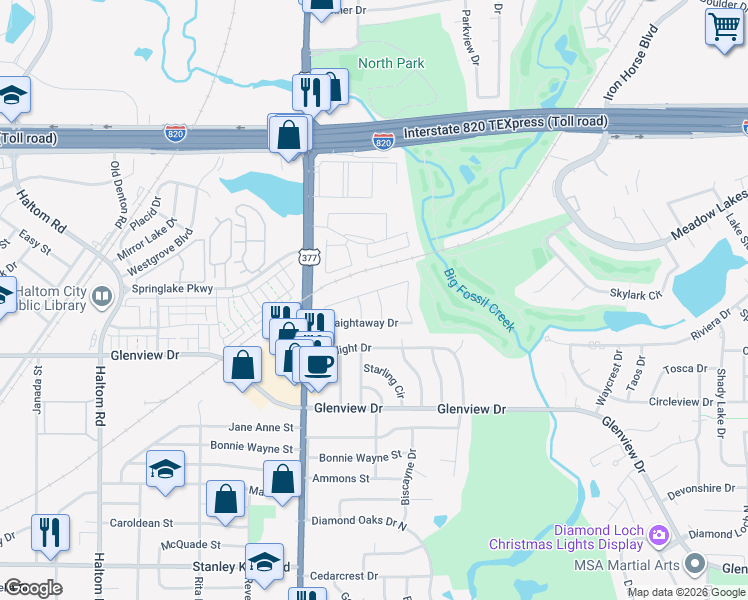 map of restaurants, bars, coffee shops, grocery stores, and more near 4808 Tee Drive in Fort Worth
