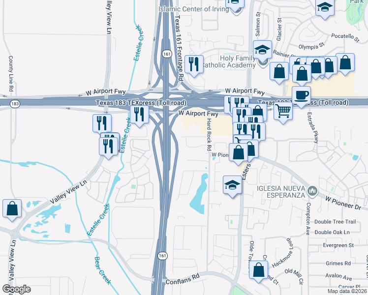 map of restaurants, bars, coffee shops, grocery stores, and more near 14 Beaver Lane in Irving