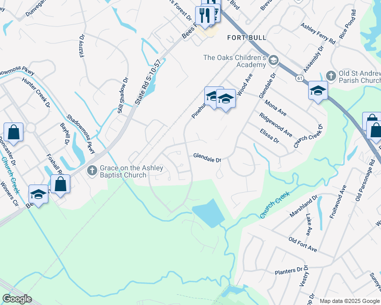 map of restaurants, bars, coffee shops, grocery stores, and more near 2043 Glendale Drive in Charleston