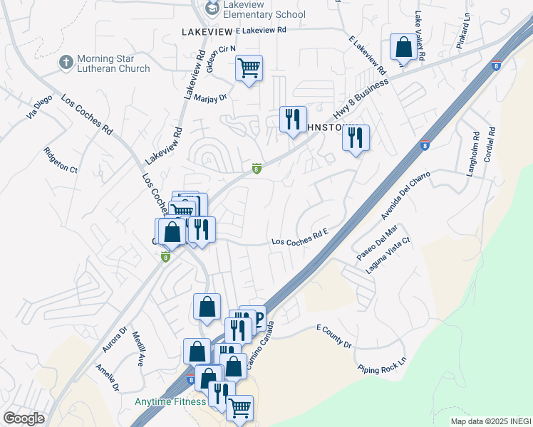 map of restaurants, bars, coffee shops, grocery stores, and more near 13440 Los Coches Road East in El Cajon