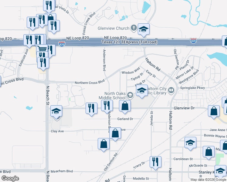 map of restaurants, bars, coffee shops, grocery stores, and more near 4901 Anderson Boulevard in Fort Worth