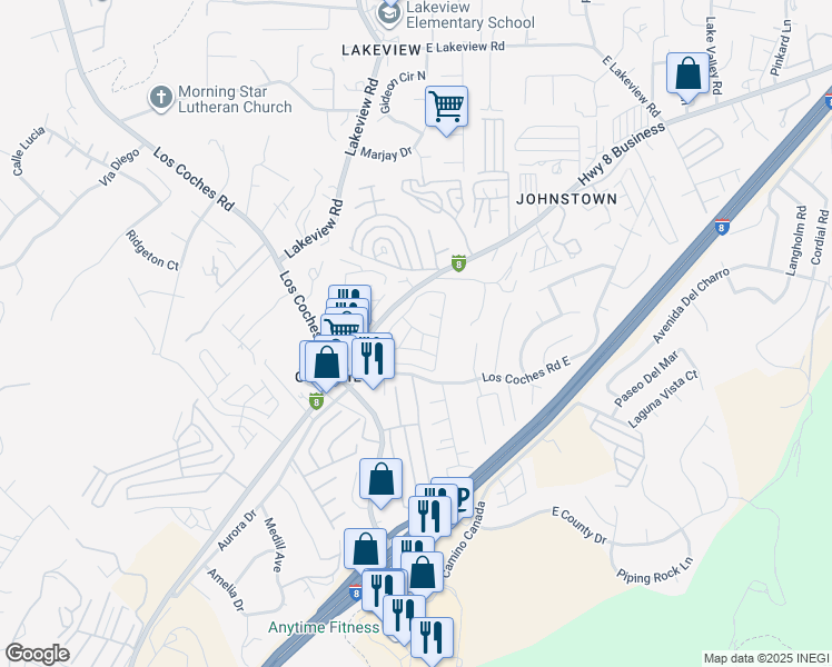 map of restaurants, bars, coffee shops, grocery stores, and more near 13300 Los Coches Road East in El Cajon