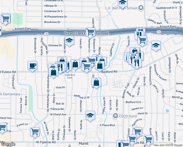 map of restaurants, bars, coffee shops, grocery stores, and more near 1228 Simpson Drive in Hurst