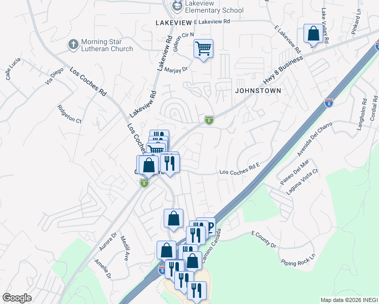 map of restaurants, bars, coffee shops, grocery stores, and more near 13300 Los Coches Road East in El Cajon