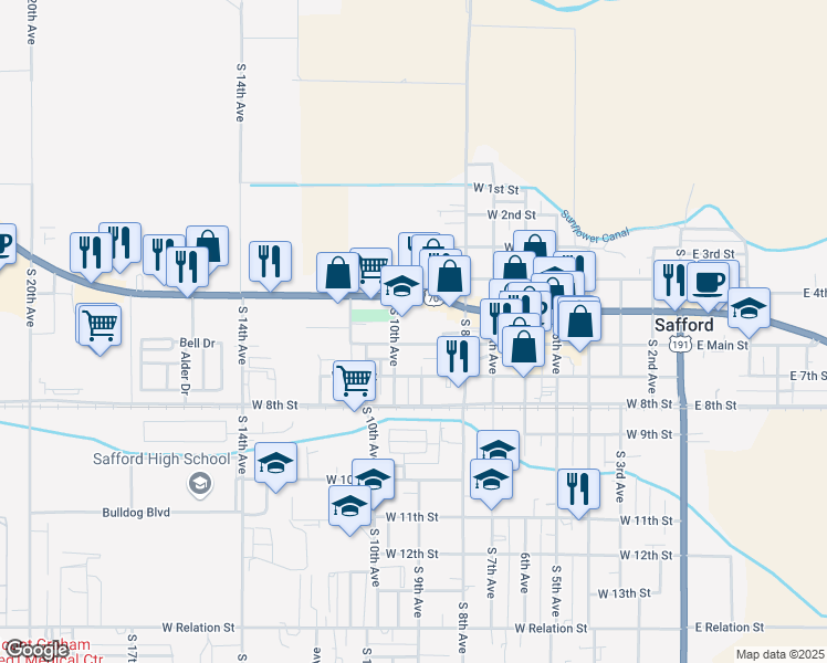 map of restaurants, bars, coffee shops, grocery stores, and more near 919 West Thatcher Boulevard in Safford
