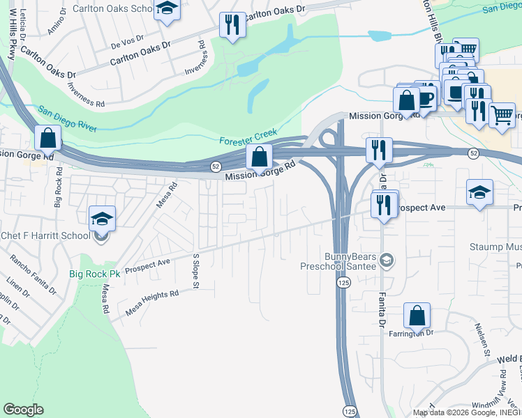 map of restaurants, bars, coffee shops, grocery stores, and more near 8612 Arlington Way in Santee