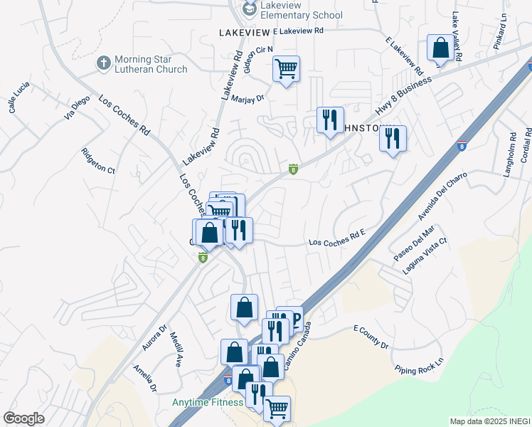 map of restaurants, bars, coffee shops, grocery stores, and more near 13300 Los Coches Road East in El Cajon