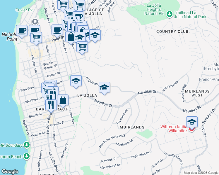 map of restaurants, bars, coffee shops, grocery stores, and more near 1211 West Muirlands Drive in San Diego