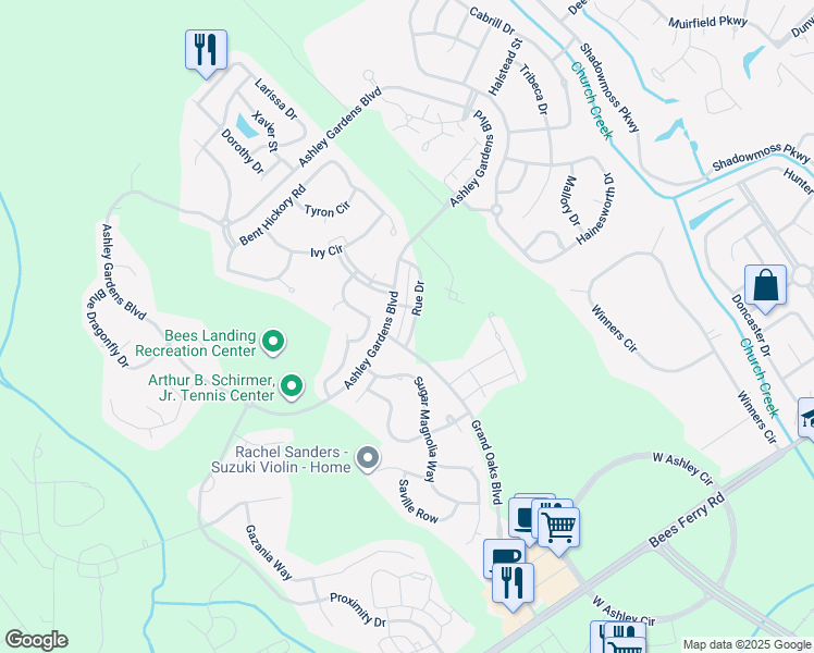 map of restaurants, bars, coffee shops, grocery stores, and more near 818 Rue Drive in Charleston