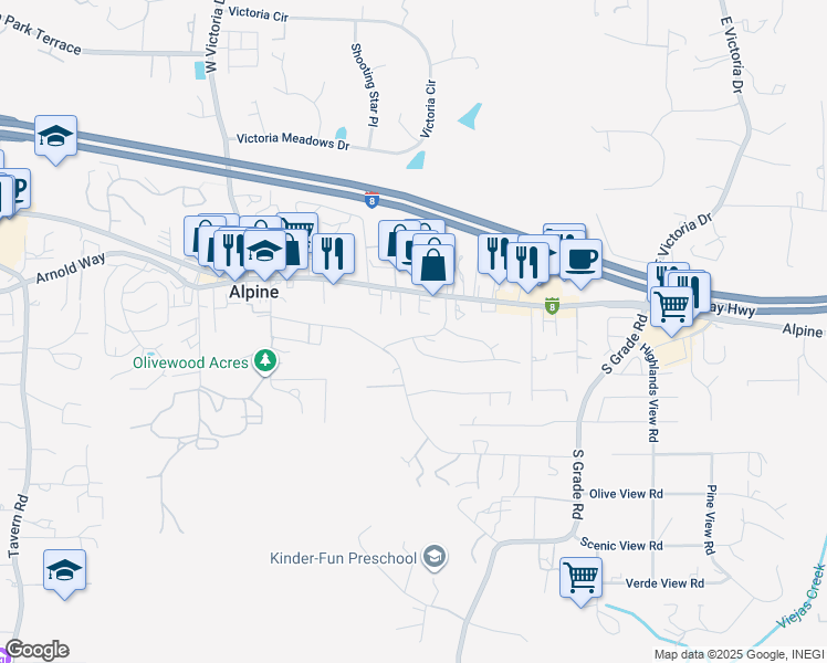 map of restaurants, bars, coffee shops, grocery stores, and more near 1525 Bay Meadows Drive in Alpine
