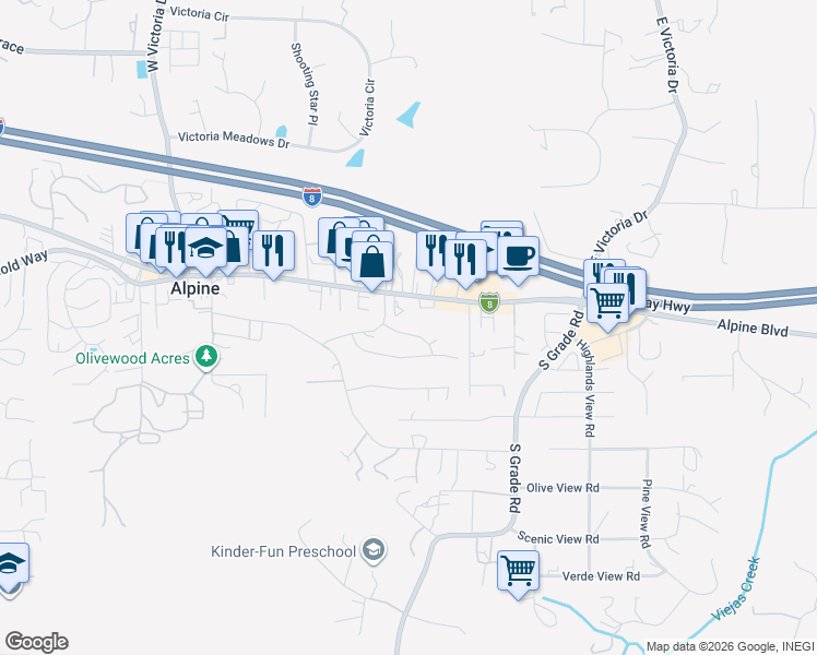 map of restaurants, bars, coffee shops, grocery stores, and more near 2454 Hialeah Lane in Alpine