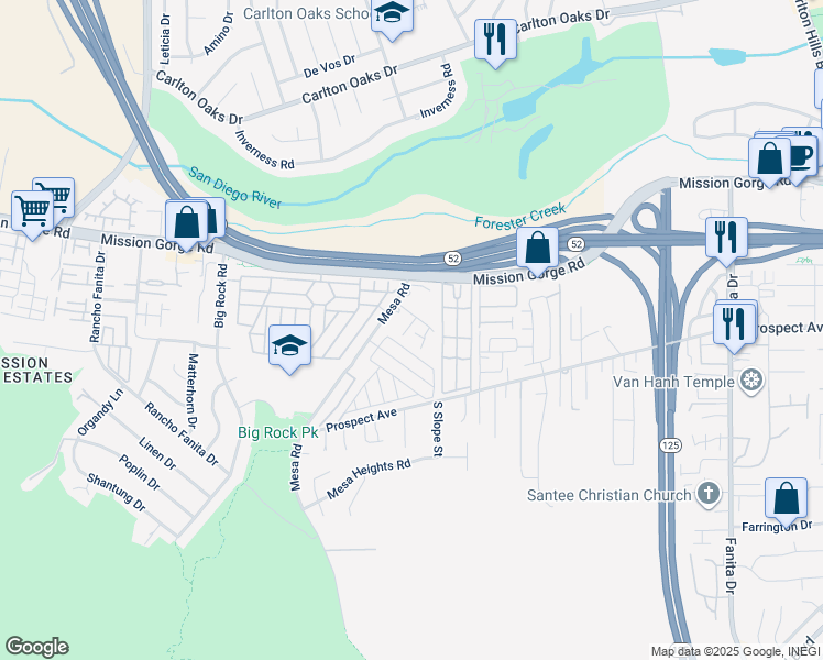 map of restaurants, bars, coffee shops, grocery stores, and more near 8529 Graham Terrace in Santee