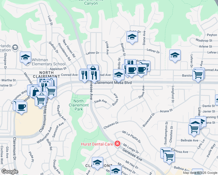 map of restaurants, bars, coffee shops, grocery stores, and more near 4588 Manitou Way in San Diego