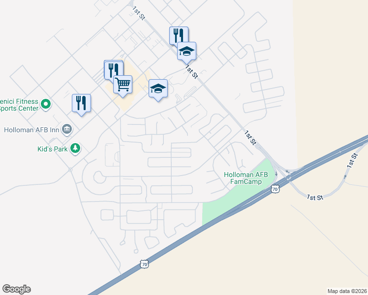 map of restaurants, bars, coffee shops, grocery stores, and more near 2300 Alamogordo Boulevard in Holloman Air Force Base