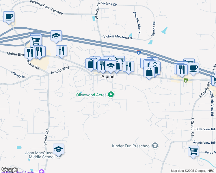 map of restaurants, bars, coffee shops, grocery stores, and more near 2292 Marquand Court in Alpine