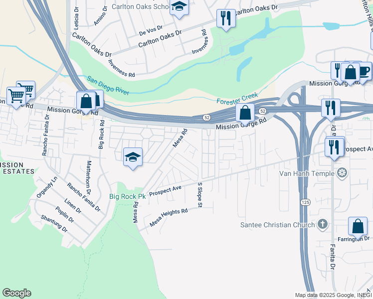 map of restaurants, bars, coffee shops, grocery stores, and more near 8529 Graham Terrace in Santee