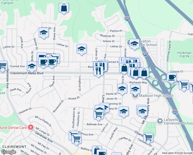map of restaurants, bars, coffee shops, grocery stores, and more near 4823 Kesling Place in San Diego