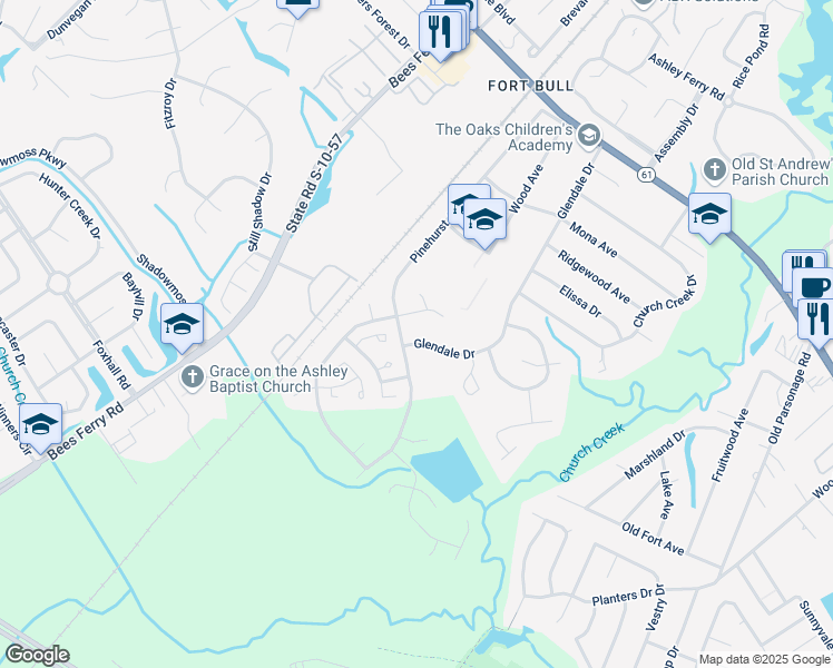 map of restaurants, bars, coffee shops, grocery stores, and more near 2043 Glendale Drive in Charleston