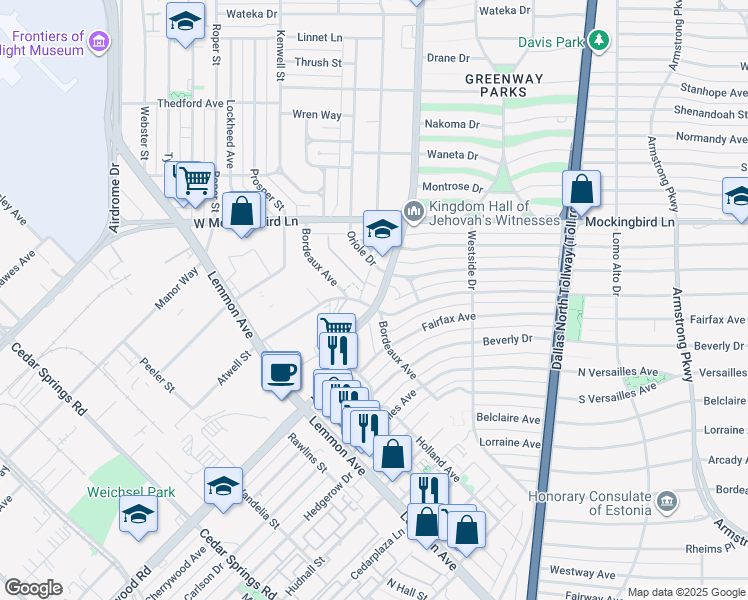 map of restaurants, bars, coffee shops, grocery stores, and more near in Dallas