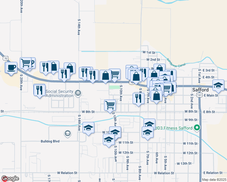 map of restaurants, bars, coffee shops, grocery stores, and more near 599 South 11th Avenue in Safford